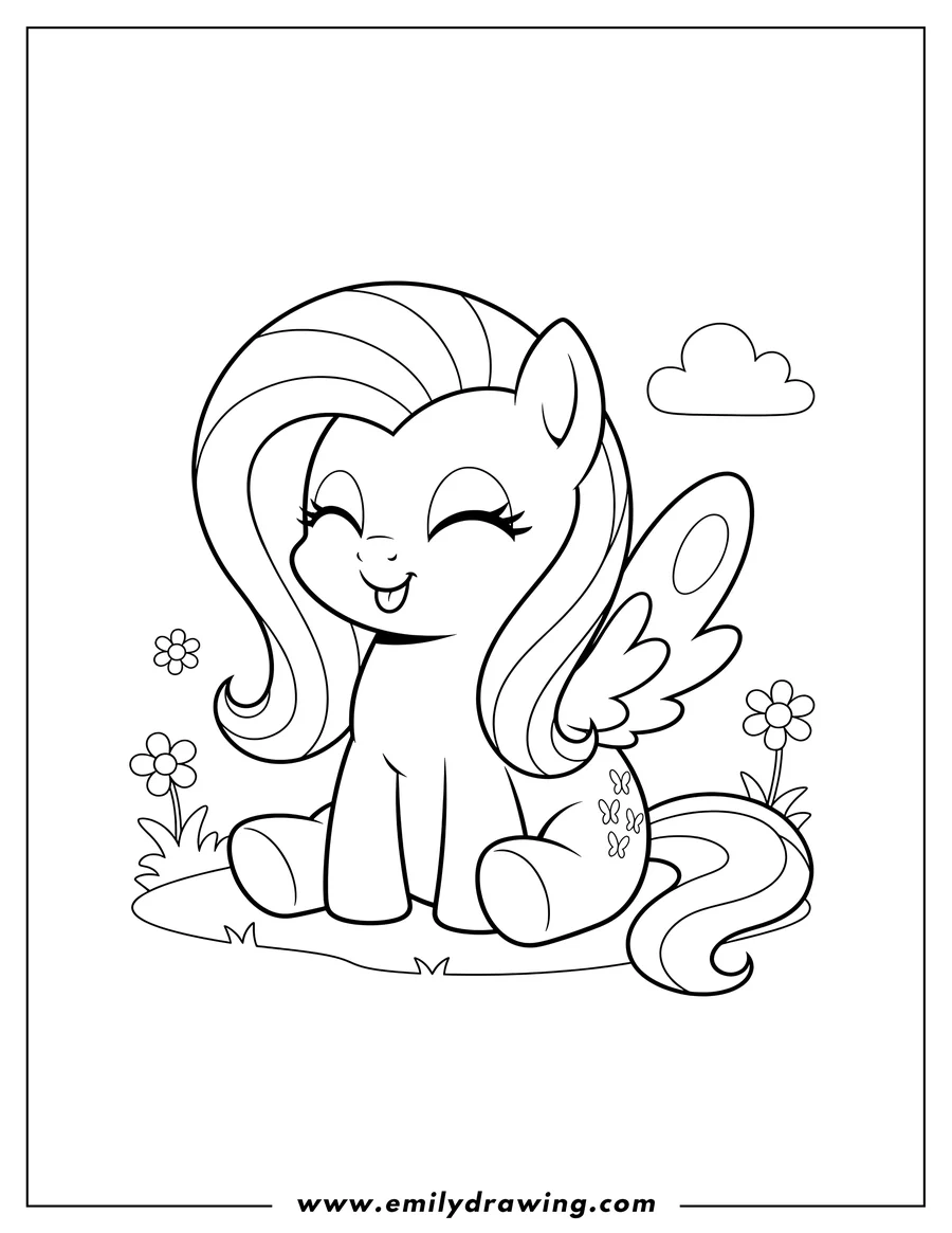 Linear illustration of kawaii Fluttershy sitting with closed eyes, sticking her tongue out