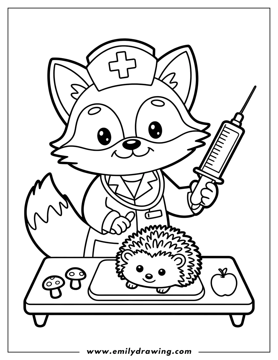 Coloring page for kids: fox Doctor