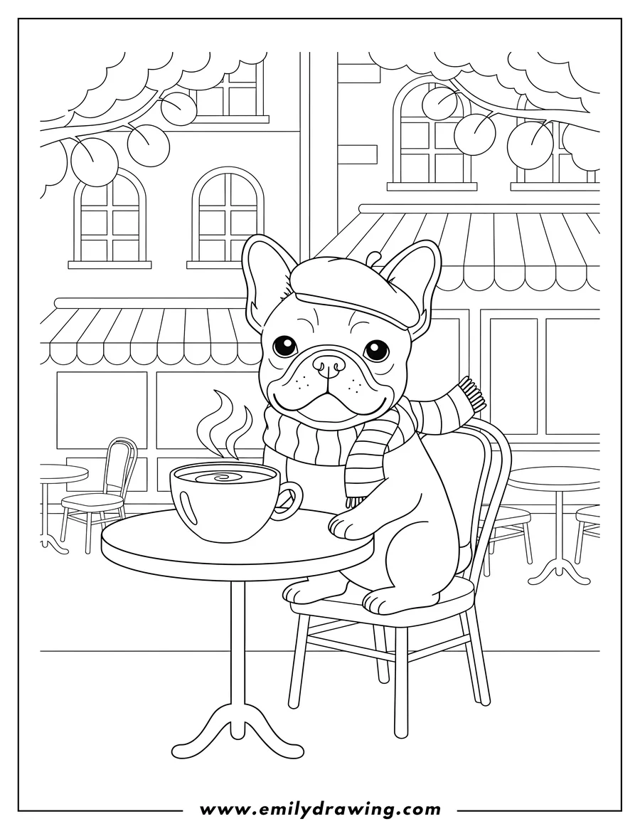 Clean line drawing: french Bulldog wearing a beret, sitting at a Paris cafe with coffee