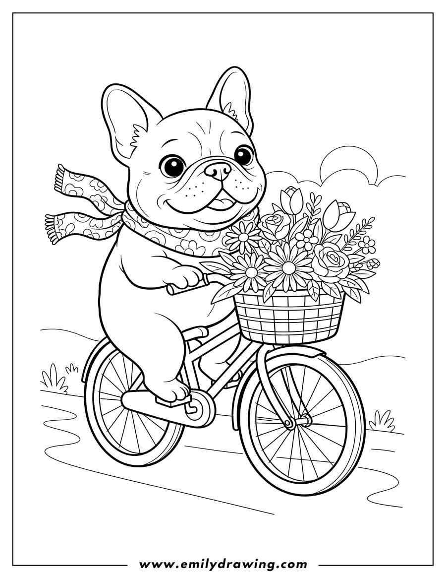 Free printable coloring sheet of kawaii French Bulldog wearing a scarf and riding a bicycle with a front flower basket