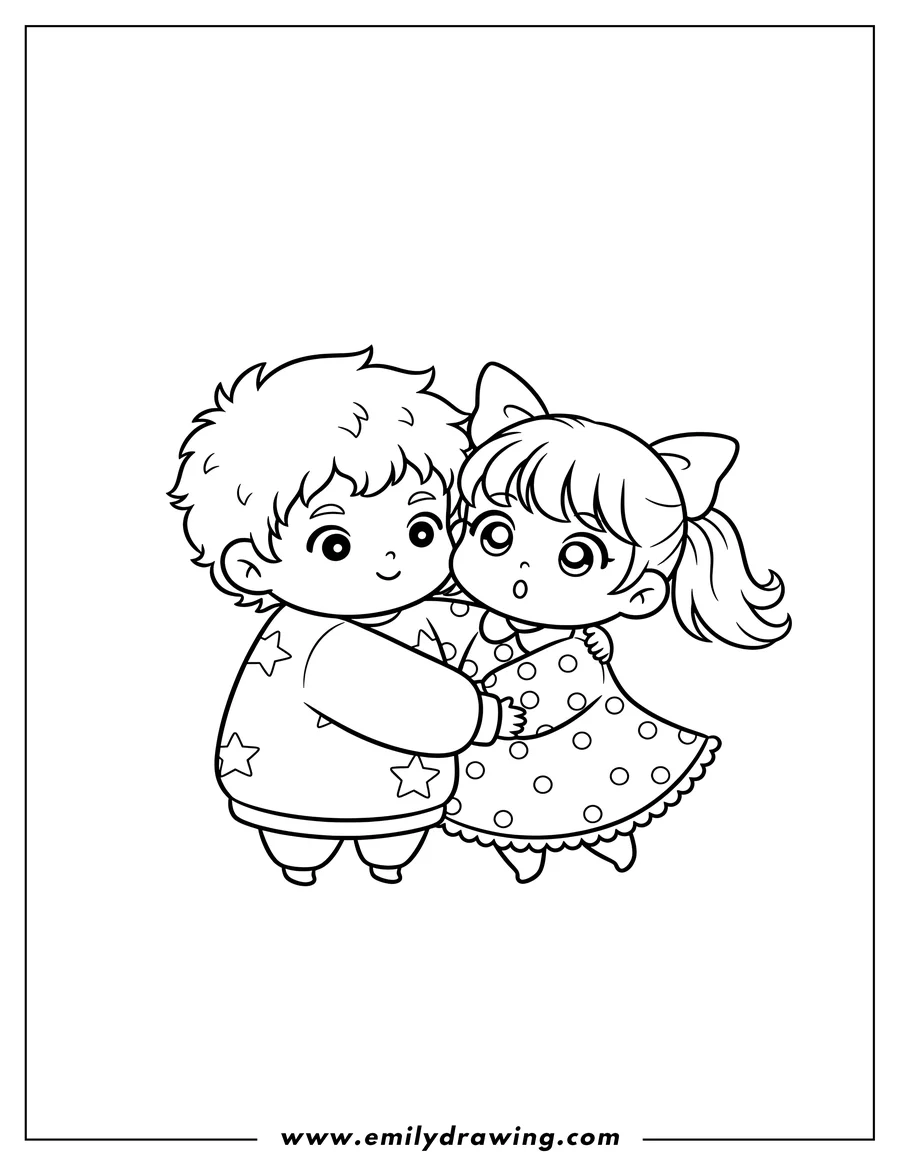 Coloring sheet featuring kawaii Fudo Shigeki and Haruyo Iwata embracing, with him gently touching her face and her looking surprised
