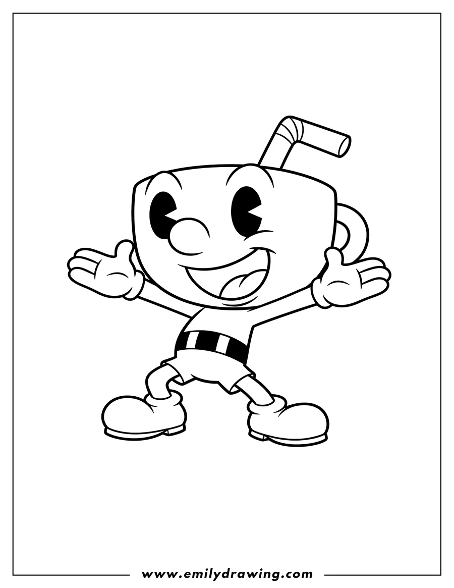 Printable line art of kawaii Funko Pop Cuphead posing with an open mouth expression