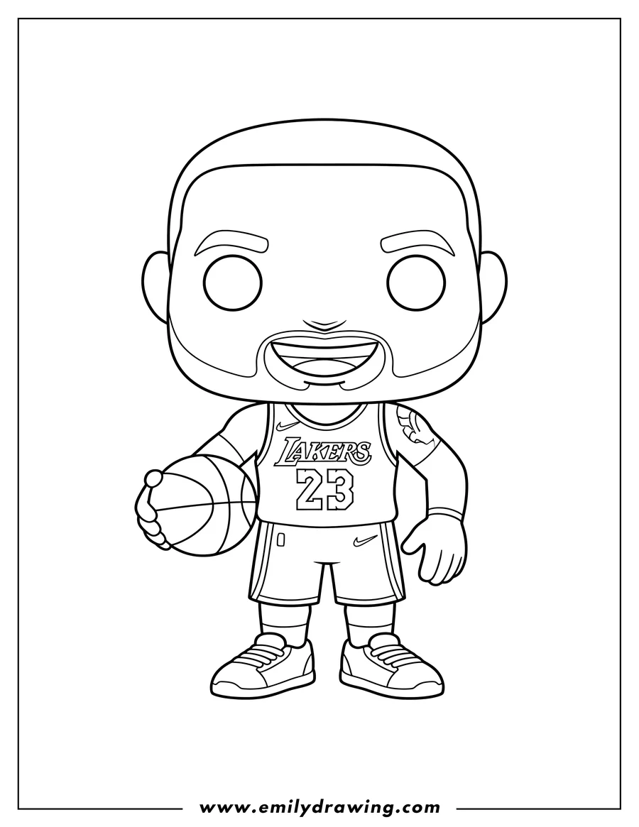 Coloring page for kids: funko Pop Lebron James in Lakers jersey holding a basketball
