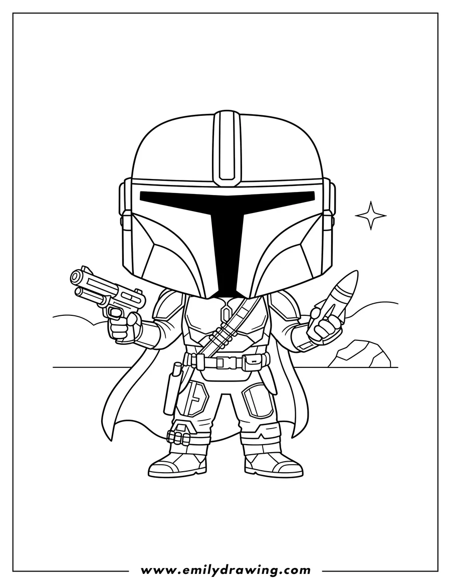 Outline drawing of A Funko Pop Mandalorian holding a blaster and a whistling bird
