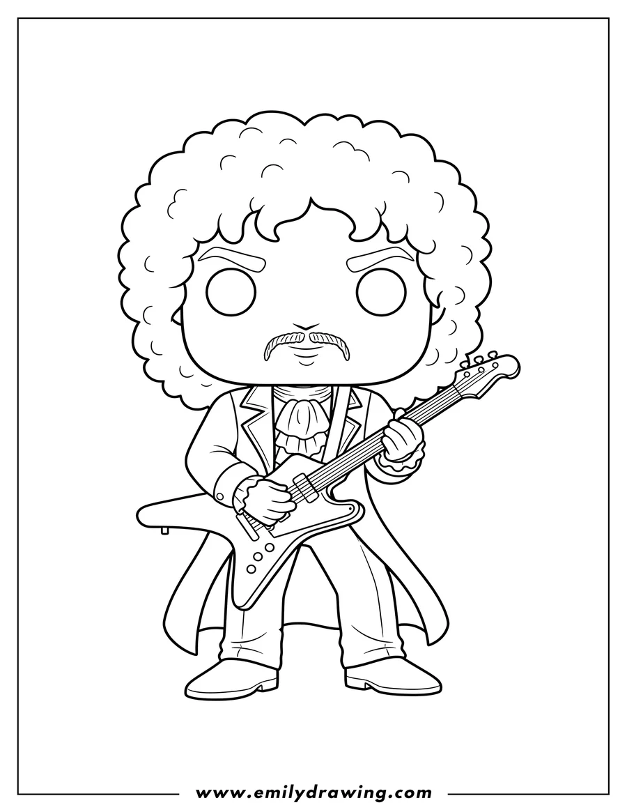 Free to print drawing of funko Pop Prince with curly hair and a mustache playing an electric guitar