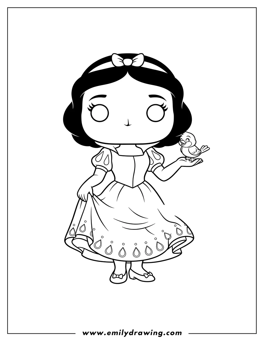 Black and white line art of funko Pop Snow White Scaled, holding her dress with a bird on her hand