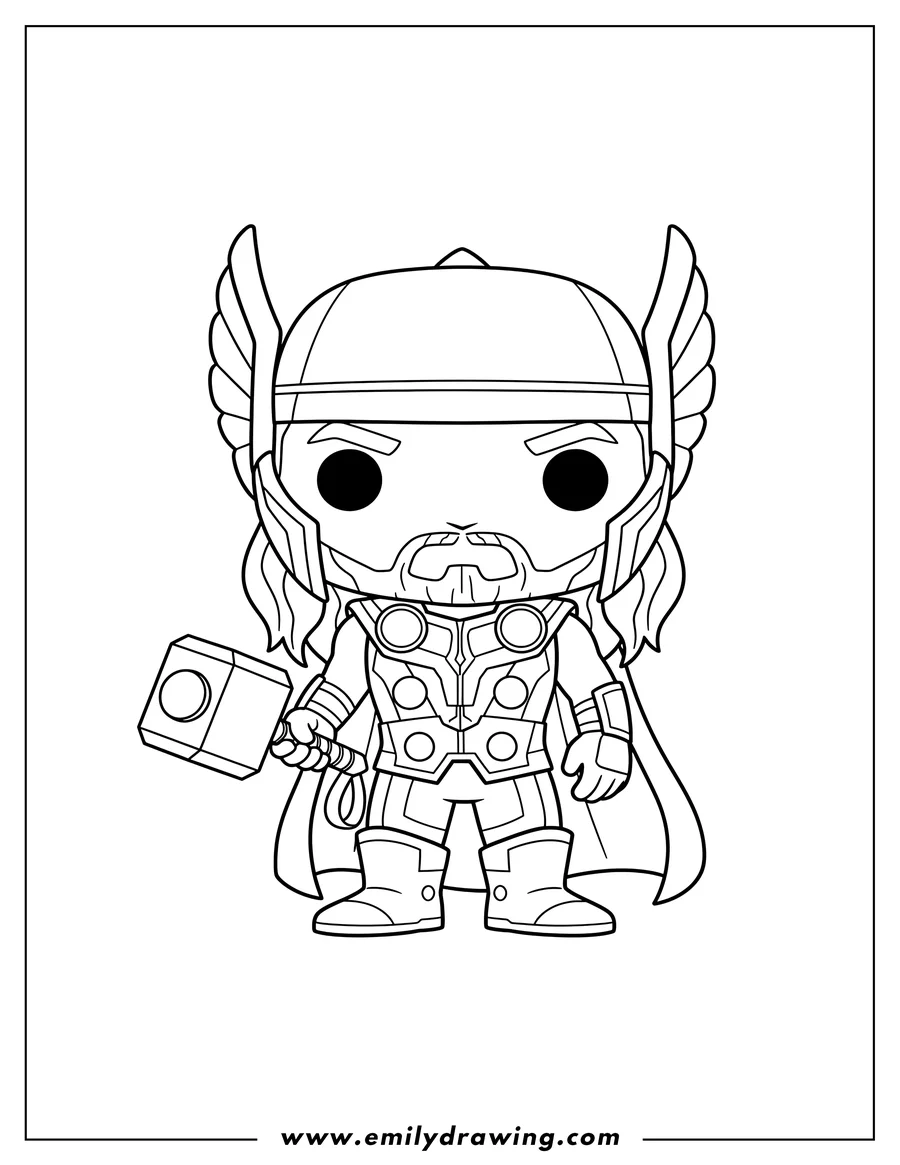Coloring page of funko Pop Thor To Color holding Mjolnir