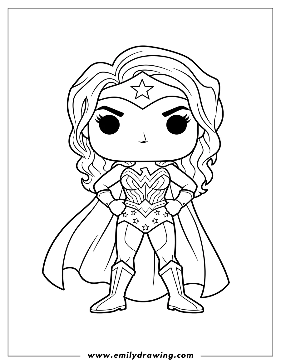 Printable line art of funko Pop Wonder Woman with hands on hips and a cape to color