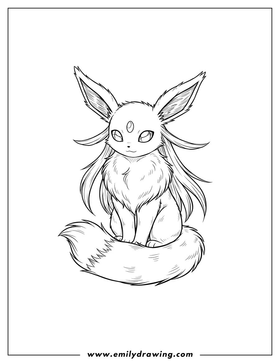 Simple sketch of furry Espeon sitting with a curled tail to color