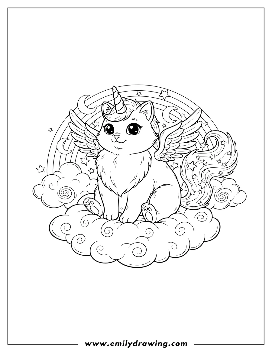 Printable coloring page of furry Unicorn Cat sitting on fluffy clouds with a rainbow and starry sky
