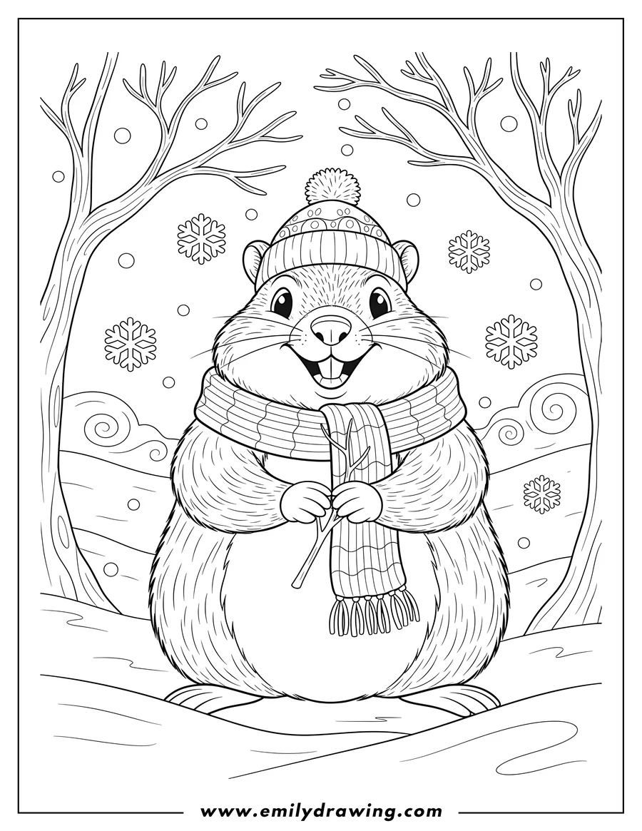 Free printable coloring sheet of furry Woodchuck Wearing Scarf and Hat, Smiling with Teeth, Winter