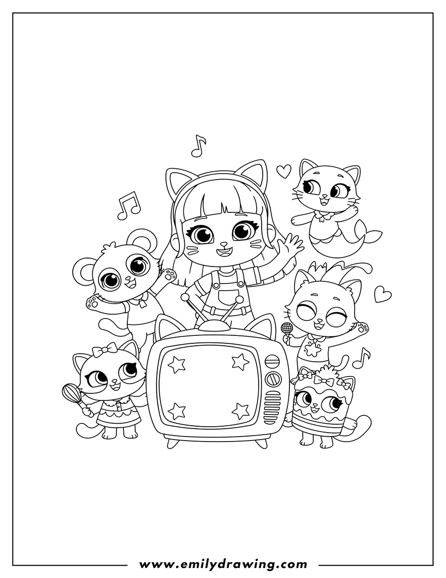 Coloring page for kids: gabbys Dollhouse Tv, Gabby waving with her cat friends