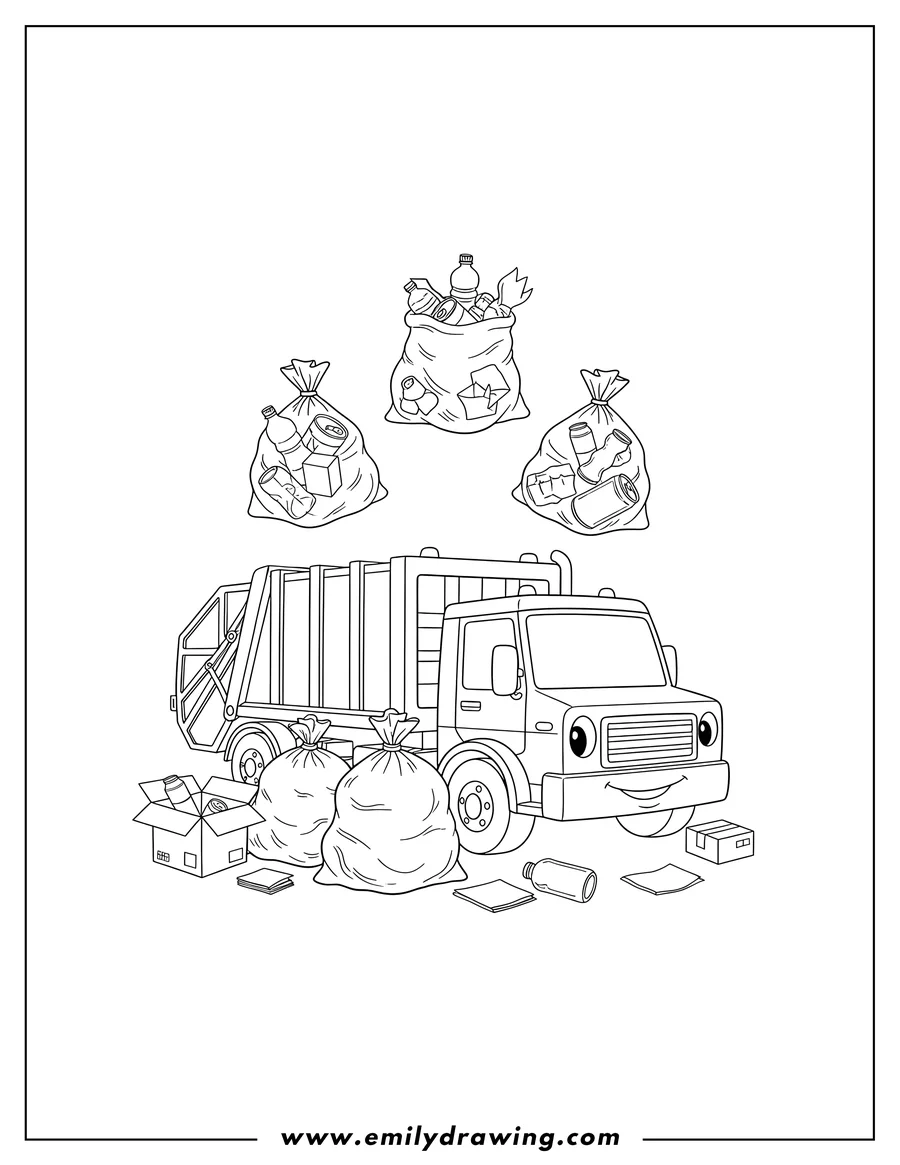 Black and white line art of garbage Truck with several recycling bags above and below
