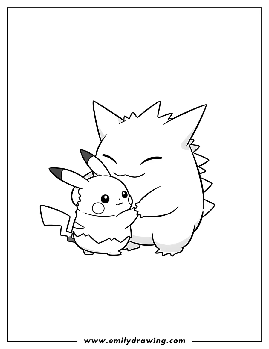 Vector style outline of kawaii Gengar and Mimikyu cuddling, with Gengar's eyes closed