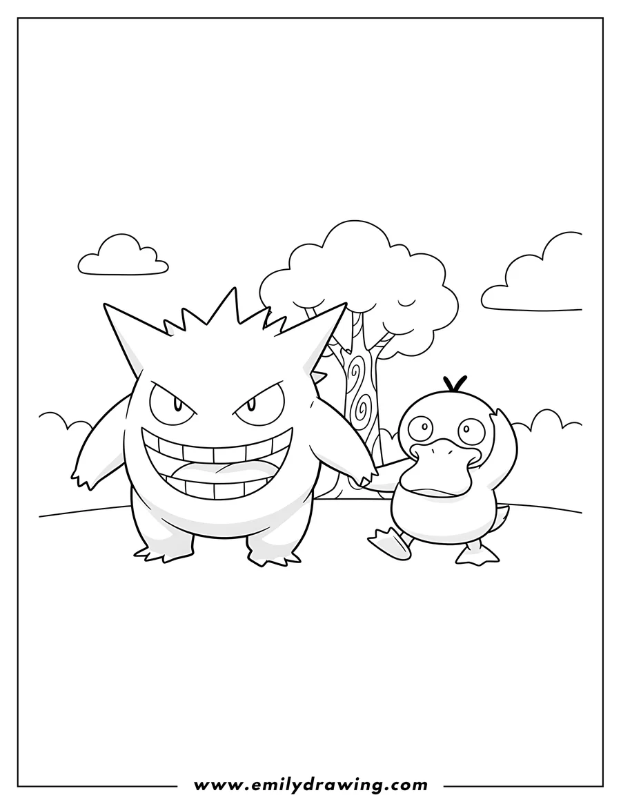 Printable line art of gengar Walking With Psyduck, Gengar smiling widely and Psyduck holding its hand
