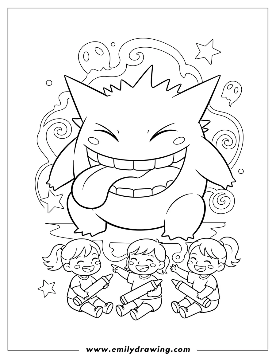 Coloring page for kids: kawaii Gengar With Tongue Out, Grinning, and Sitting, Preschoolers