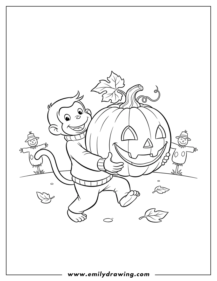 Simple sketch of curious George smiling and carrying a large Halloween pumpkin to color