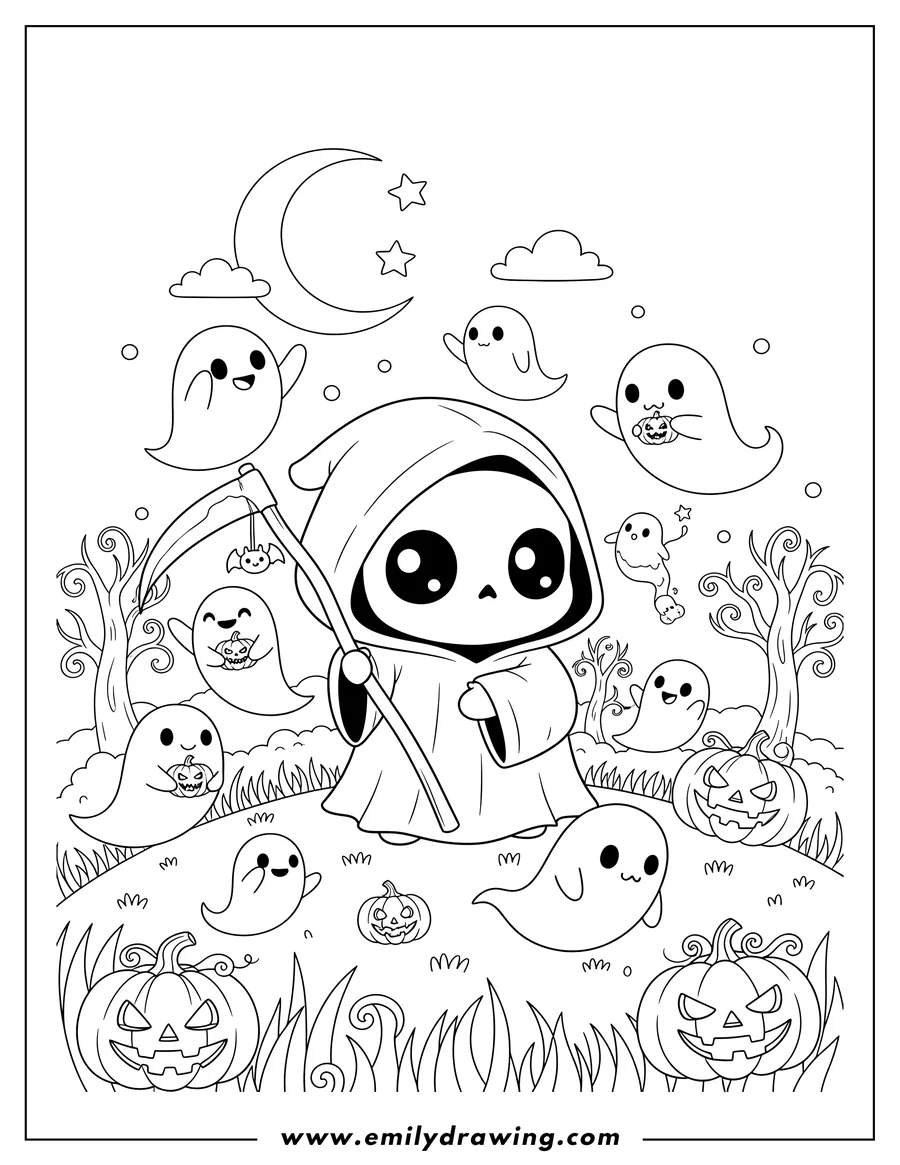 High quality printable ghostly Meadow With a cute Grim Reaper holding a scythe, many ghosts, and Jack O Lanterns for coloring
