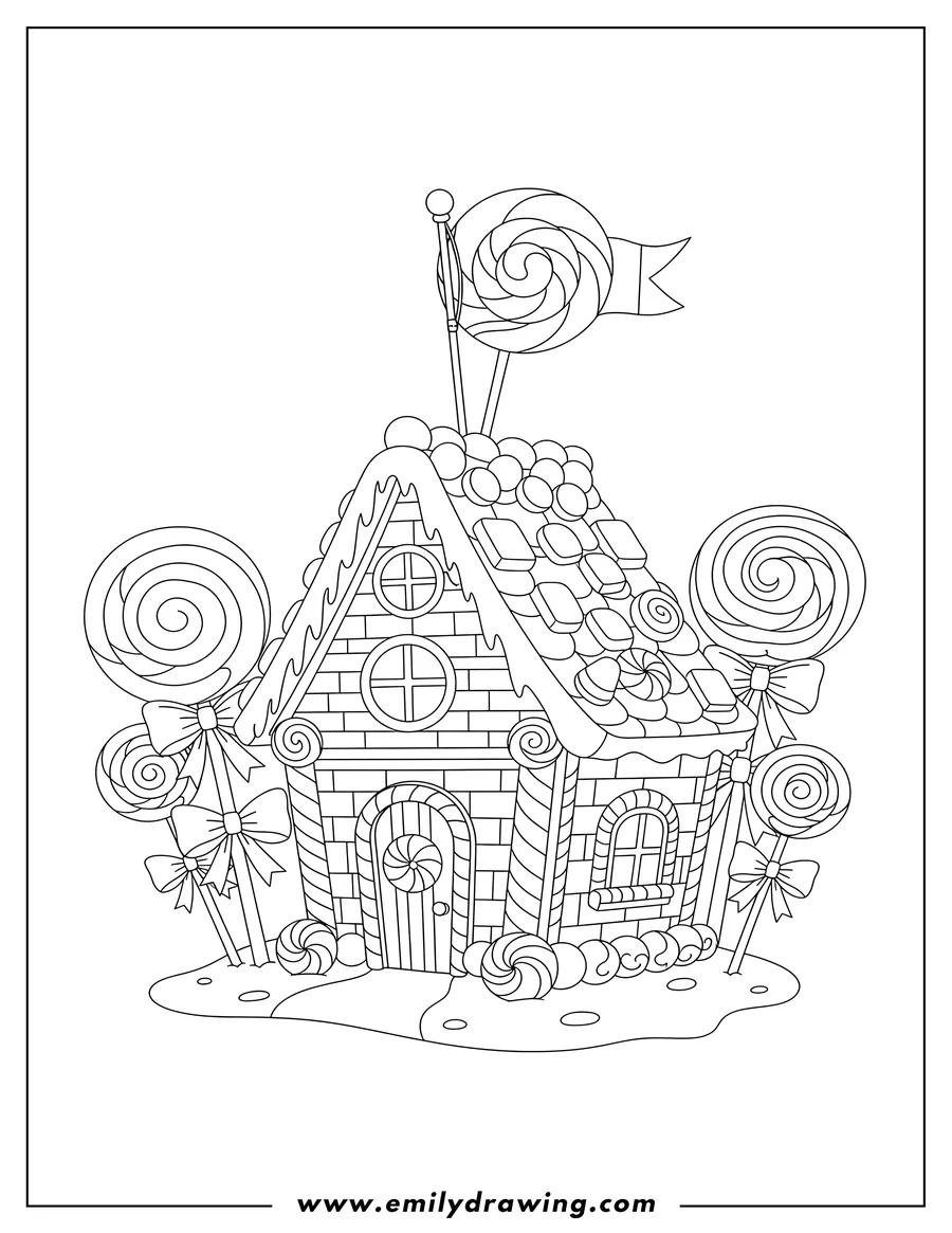 Printable coloring page of A gingerbread Candy Land house with a flag on top, surrounded by large lollipops