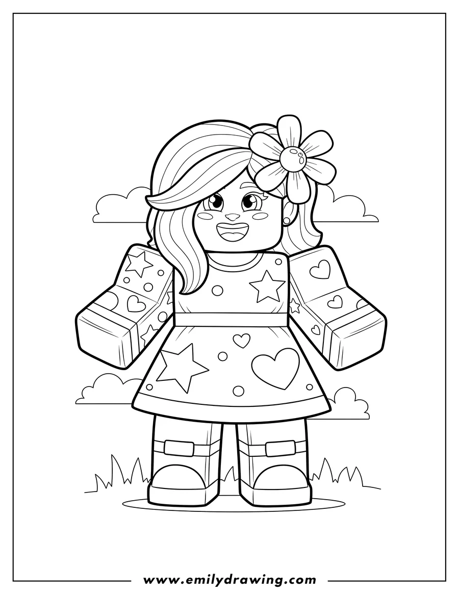 Outline drawing of girl Roblox Character Scaled, smiling with a flower in her hair