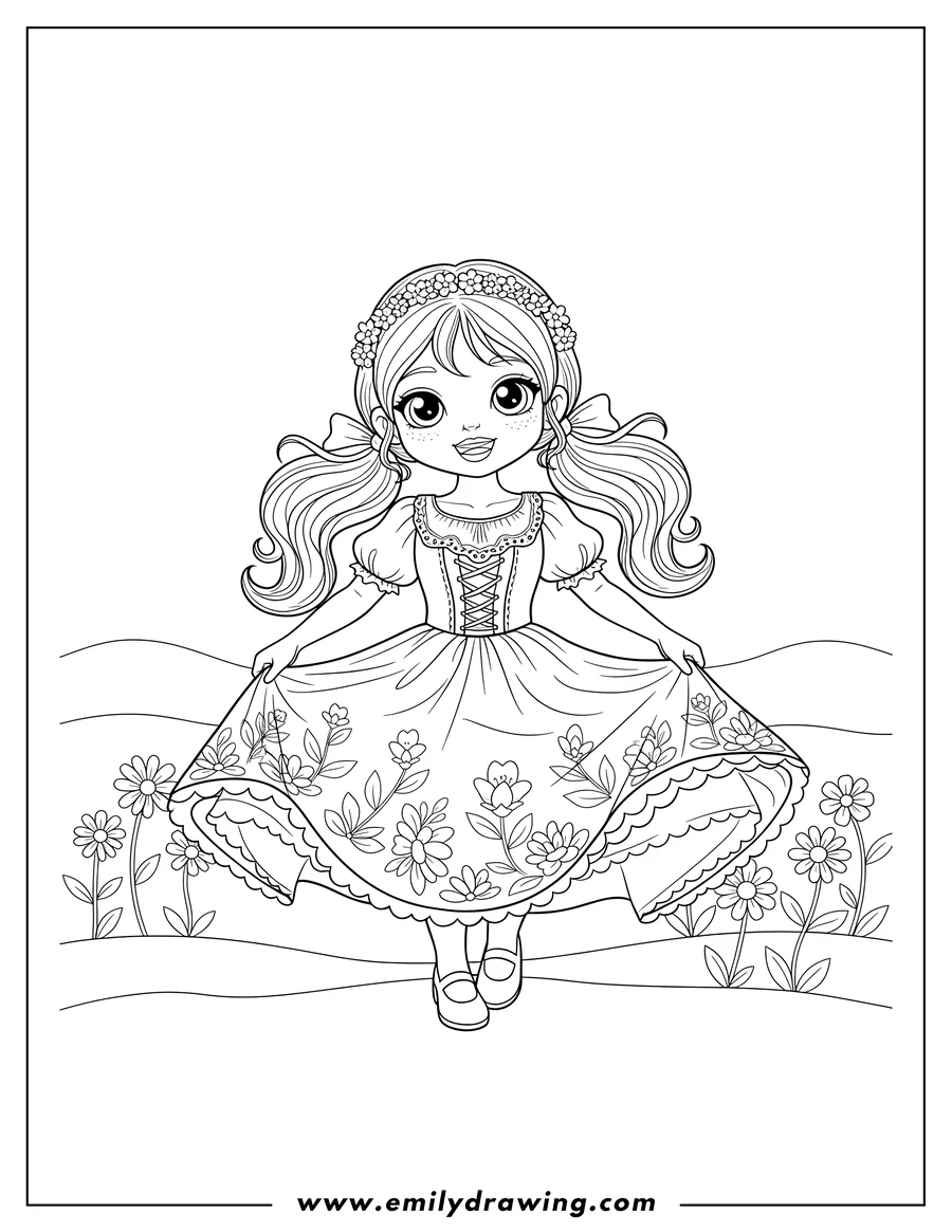 Clean line drawing: kawaii Girl Dancing in a folkloric dress, holding her skirt