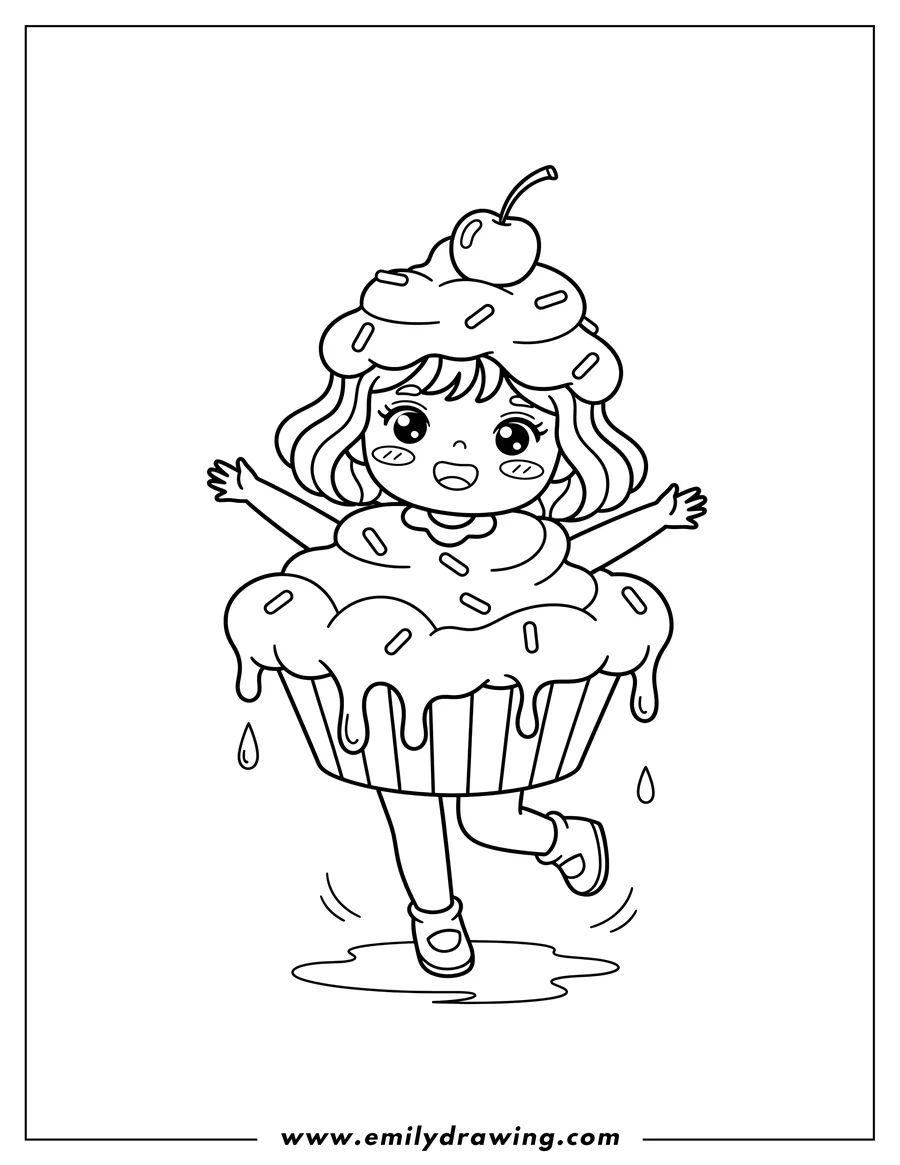 Downloadable coloring page of kawaii Girl Dancing in a melted cupcake costume, smiling