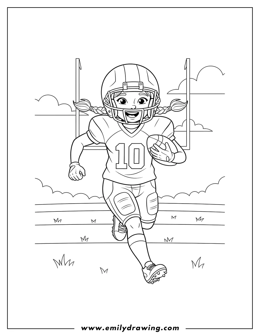 Full page coloring image of girl Football Player running with a football in a jersey
