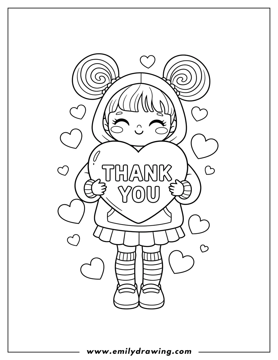 Vector style outline of kawaii girl with pigtails, smiling and hugging a heart that says 'Thank You', surrounded by small hearts, for preschoolers