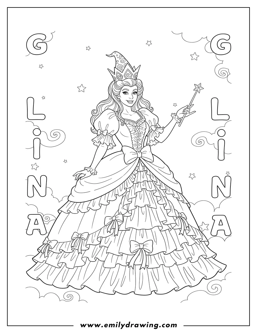 Free printable coloring sheet of glinda in a frilly pink dress, posing, with her name GLINDA spelled out on the sides