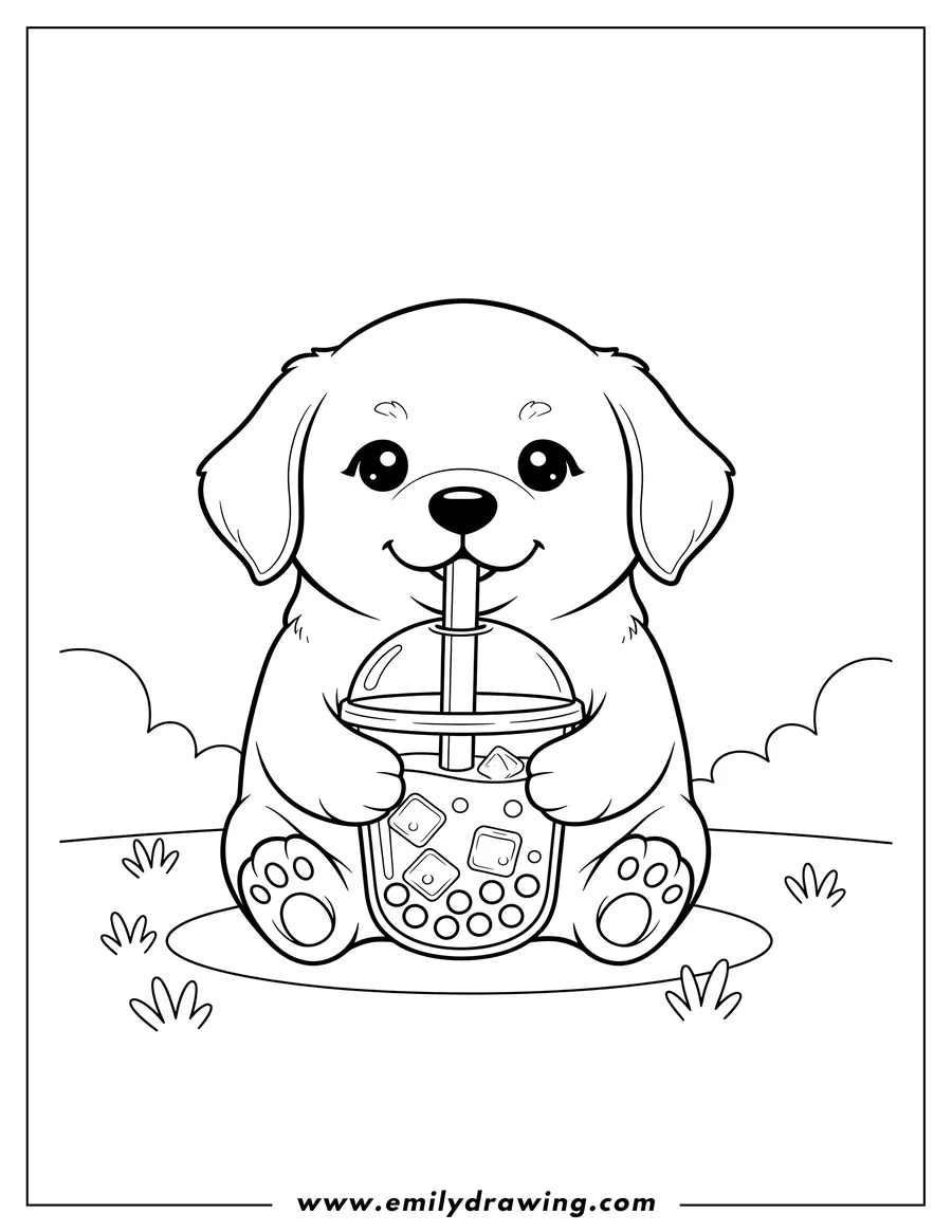 Printable coloring page of kawaii Golden Retriever puppy sitting and holding a boba tea with its paws, drinking with a straw