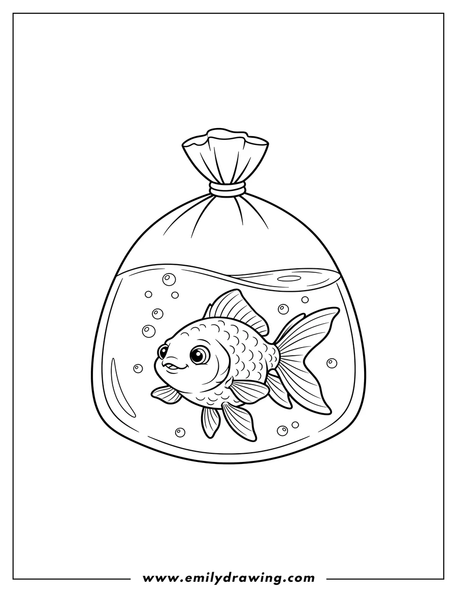 Downloadable coloring page of goldfish swimming inside a plastic bag with bubbles