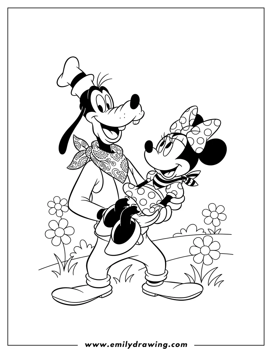 Vector style outline of goofy holding Minnie Mouse in his arms, both wearing bandanas