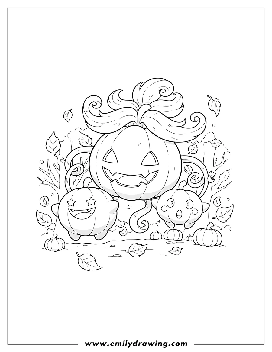 Vector style outline of adorable Halloween Pokemon: A Gourgeist with two Pumpkaboo, one cheerful and one surprised