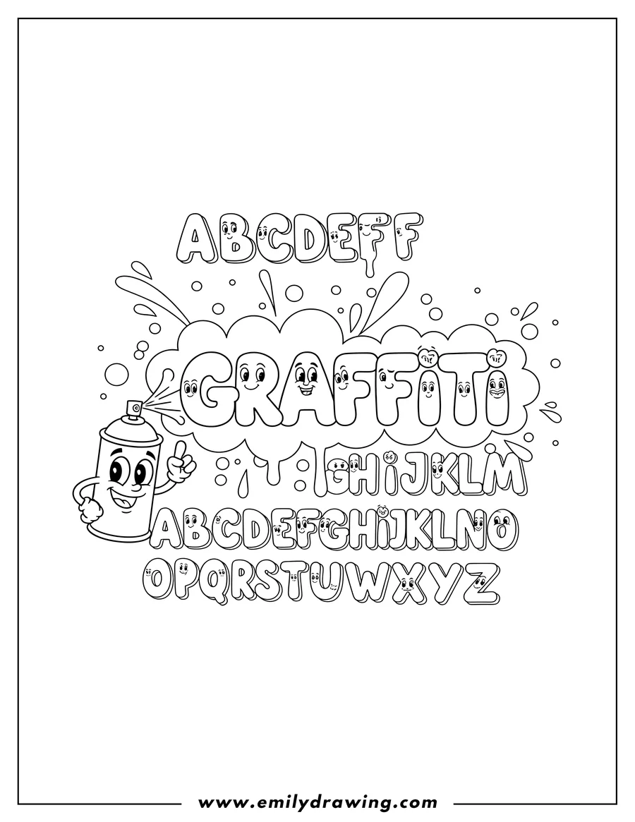 Vector style outline of graffiti alphabet letters with a spray paint can and splatters