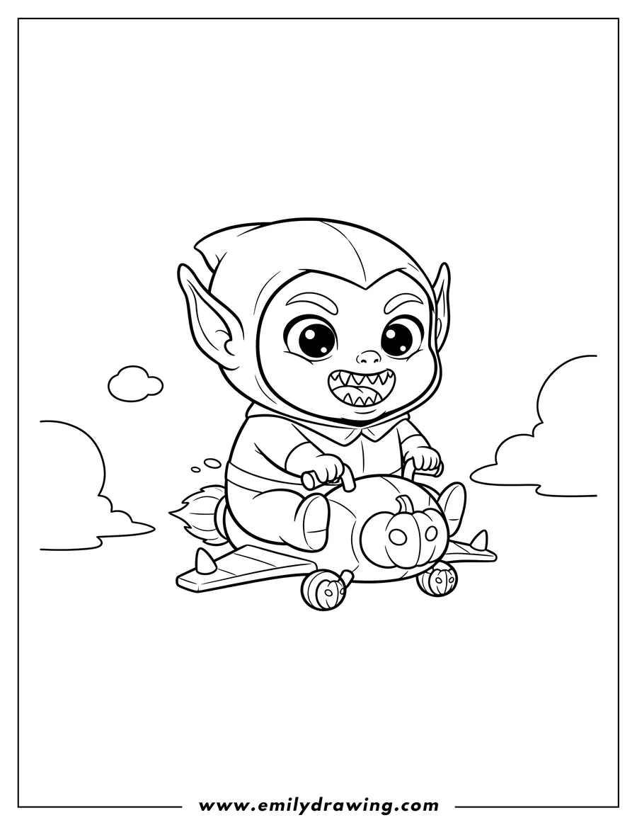 Clean line drawing: kawaii Green Goblin Preschoolers sitting on his glider with an open mouth showing teeth