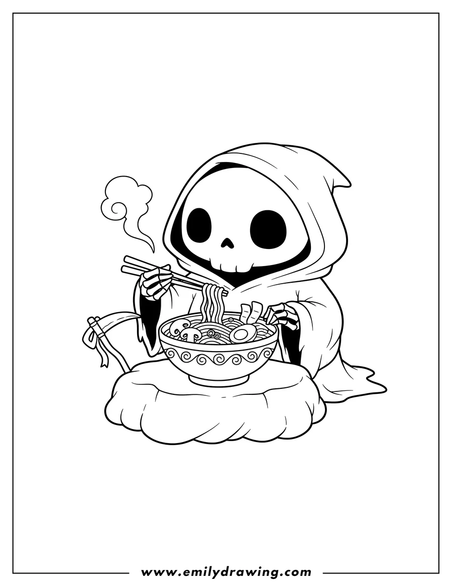 Outline drawing of kawaii Grim Reaper eating ramen noodles with chopsticks from a bowl