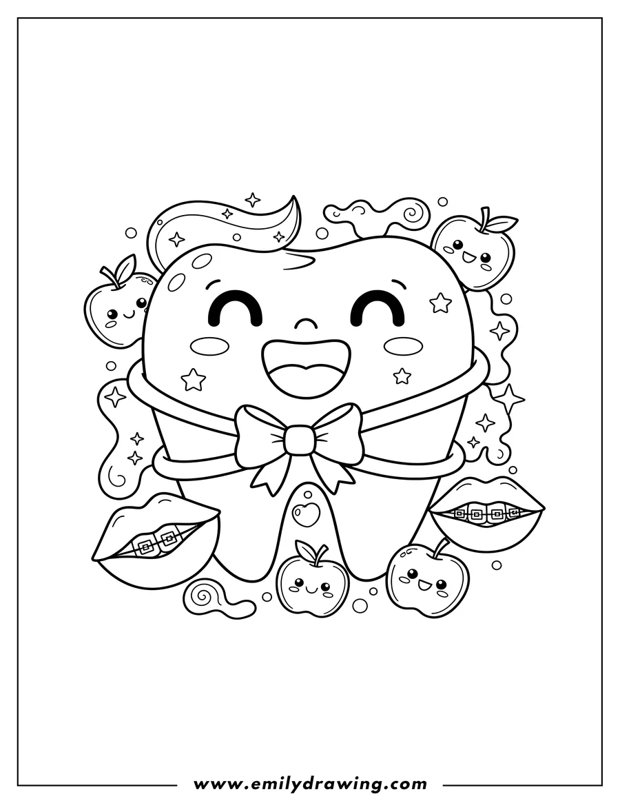 Coloring sheet featuring kawaii grinning tooth with floss wrapped around it, surrounded by toothpaste, lips with braces, and apples