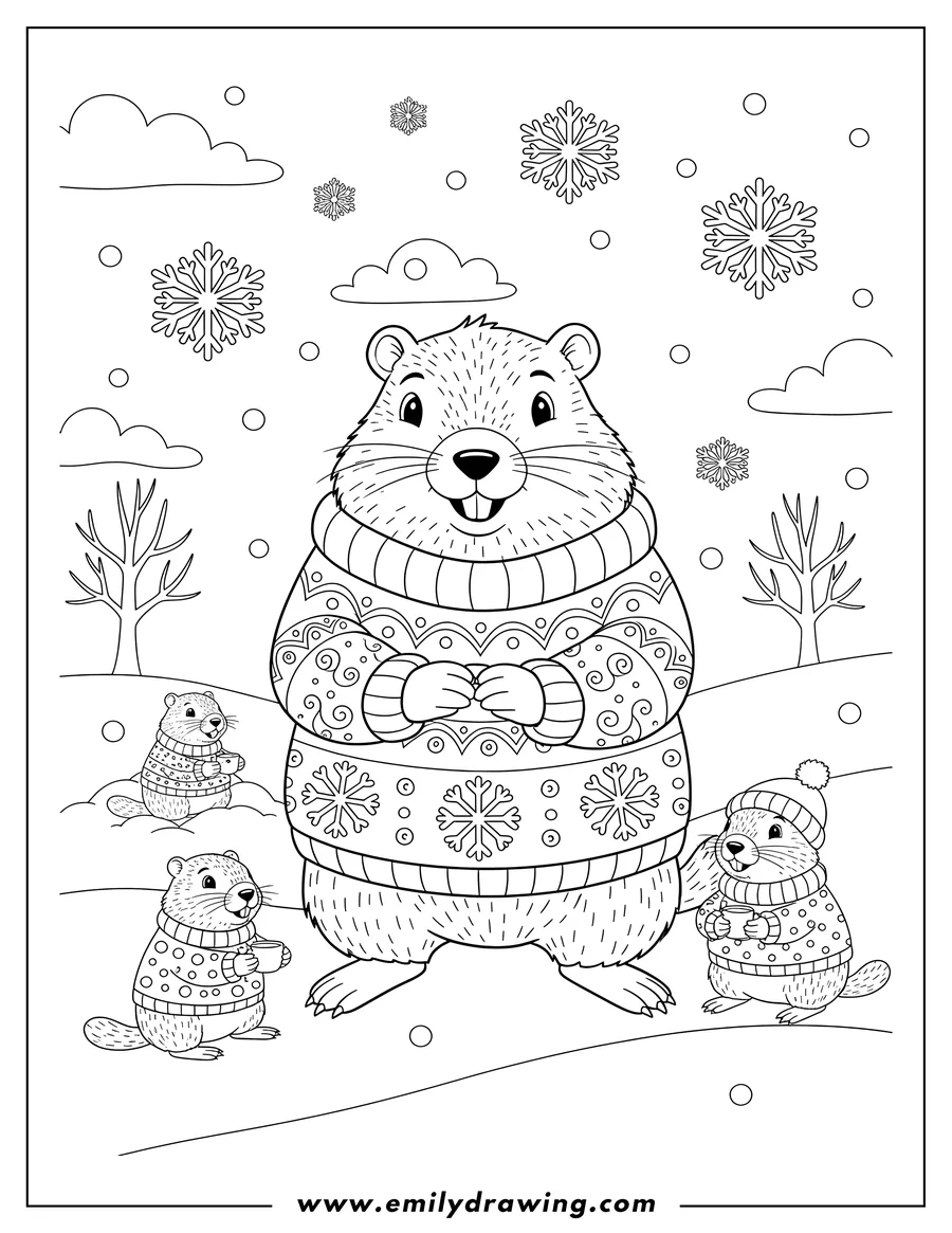 Clean line drawing: groundhogs Winter Sweaters, one main groundhog with paws together and snowflake patterns