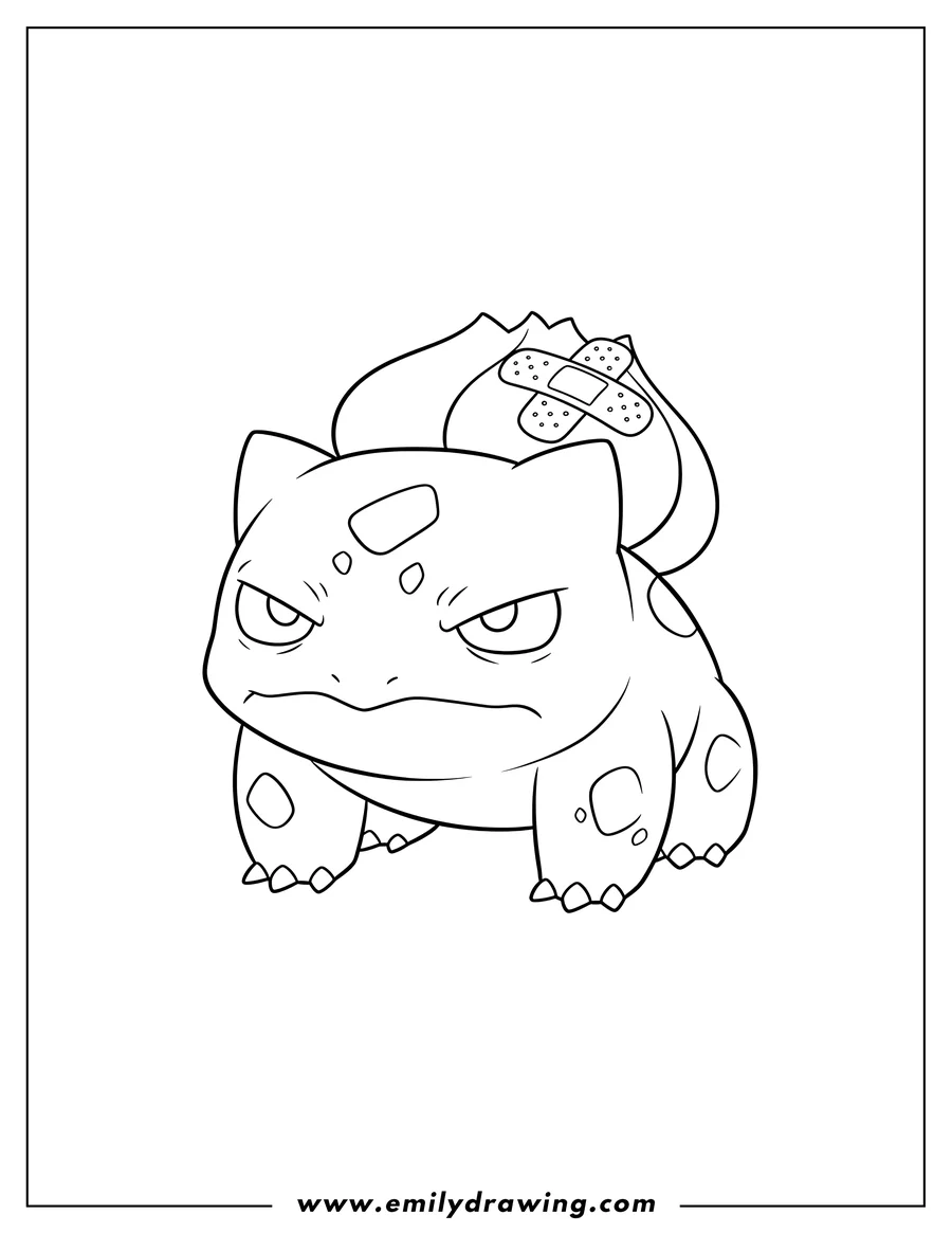 Clean line drawing: grumpy Bulbasaur with a band-aid