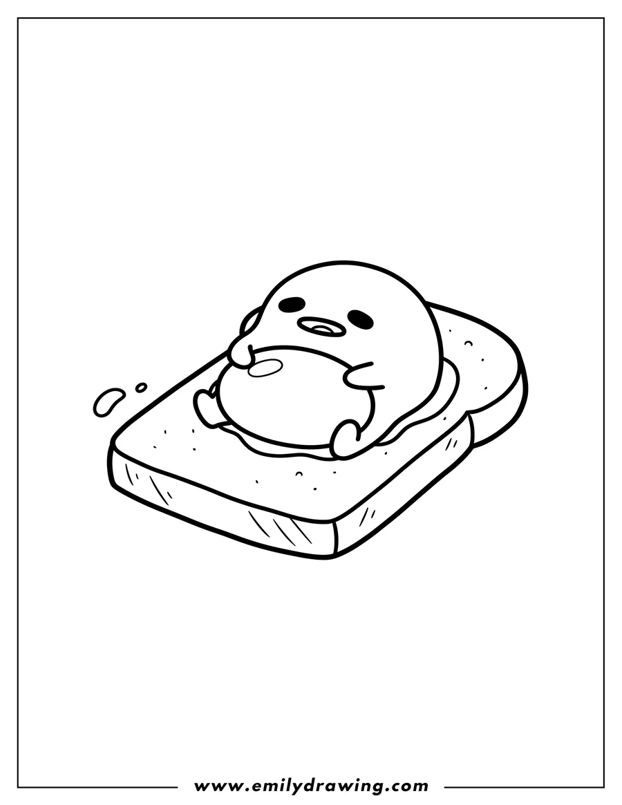 Simple sketch of kawaii Gudetama with a cute face slipping from a bread slice Preschoolers to color