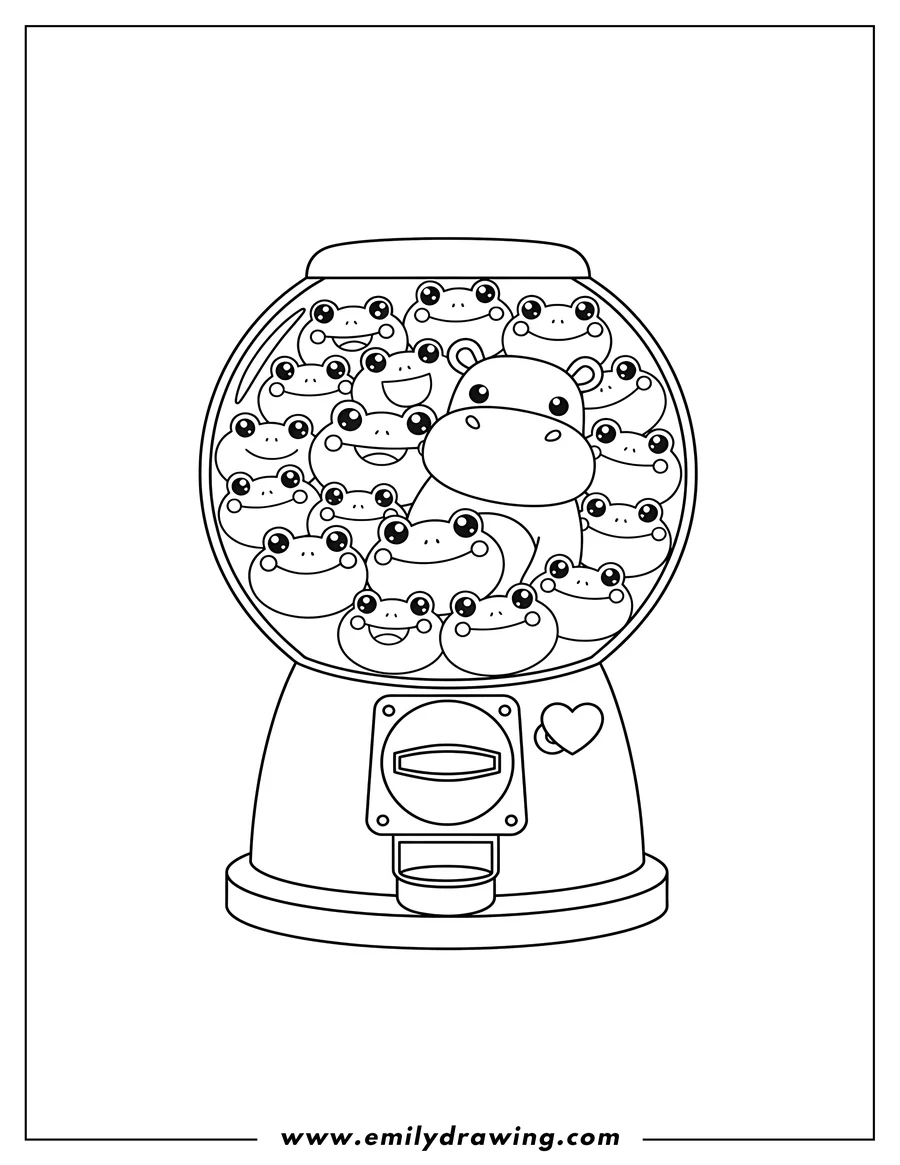 Doodle style coloring picture of kawaii Gum Ball Machine filled with frogs and a hippo, To Color