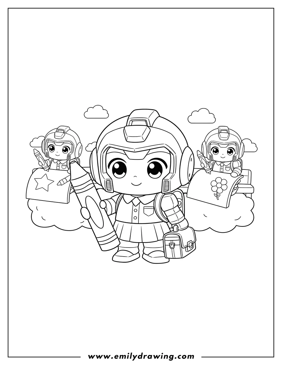 Clean line drawing: kawaii Gundam Preschoolers, chibi character standing, coloring page outline