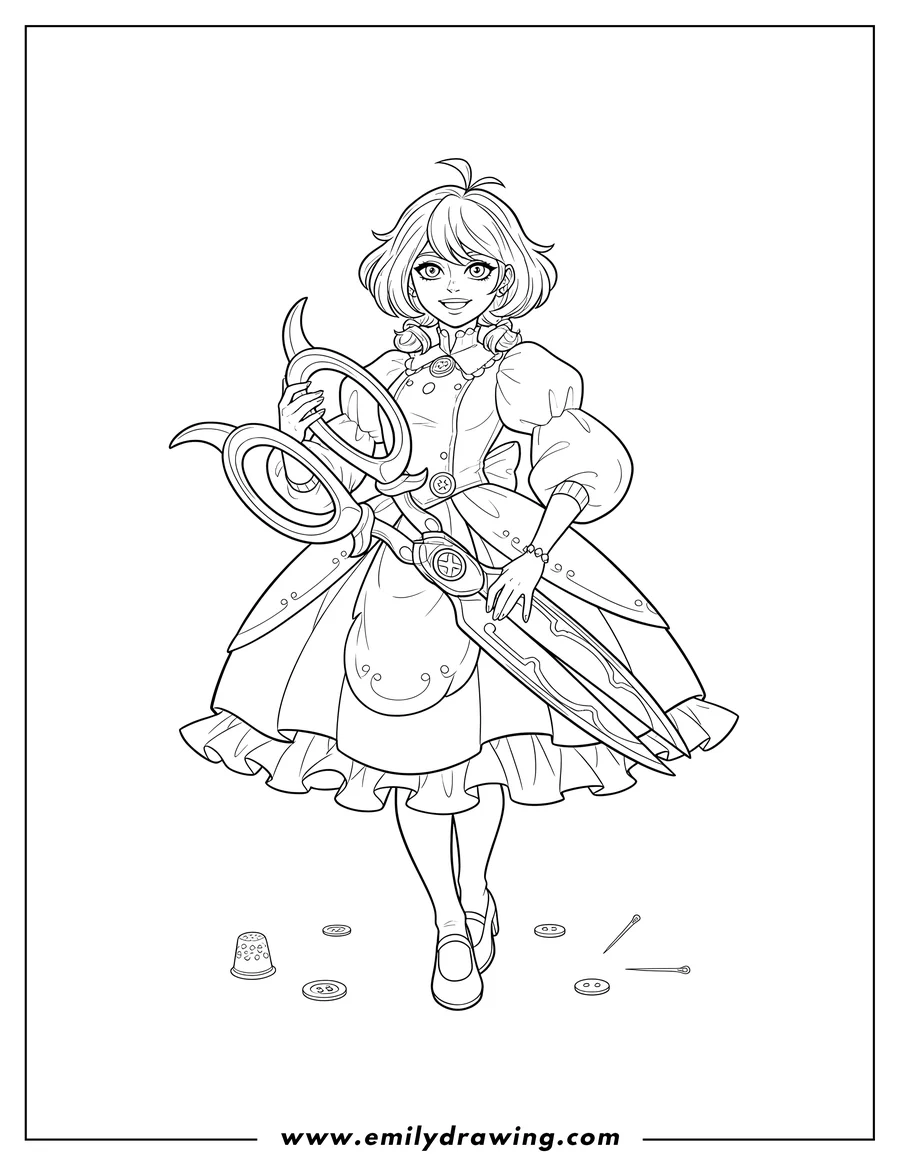 Coloring sheet featuring league Legends Gwen, the Hallowed Seamstress, standing with puffy sleeves and holding her giant scissors