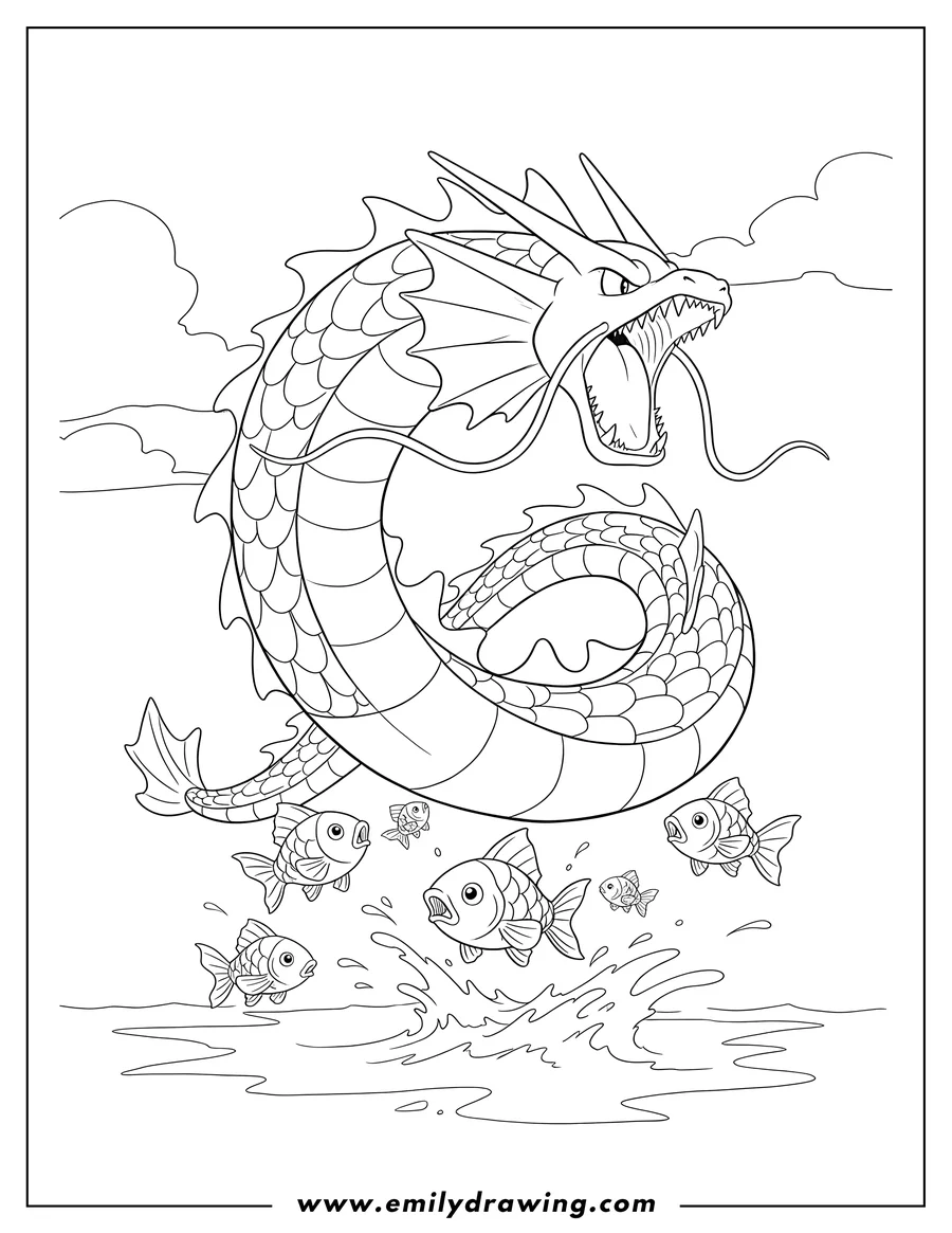 Doodle style coloring picture of gyarados roaring over Magikarp