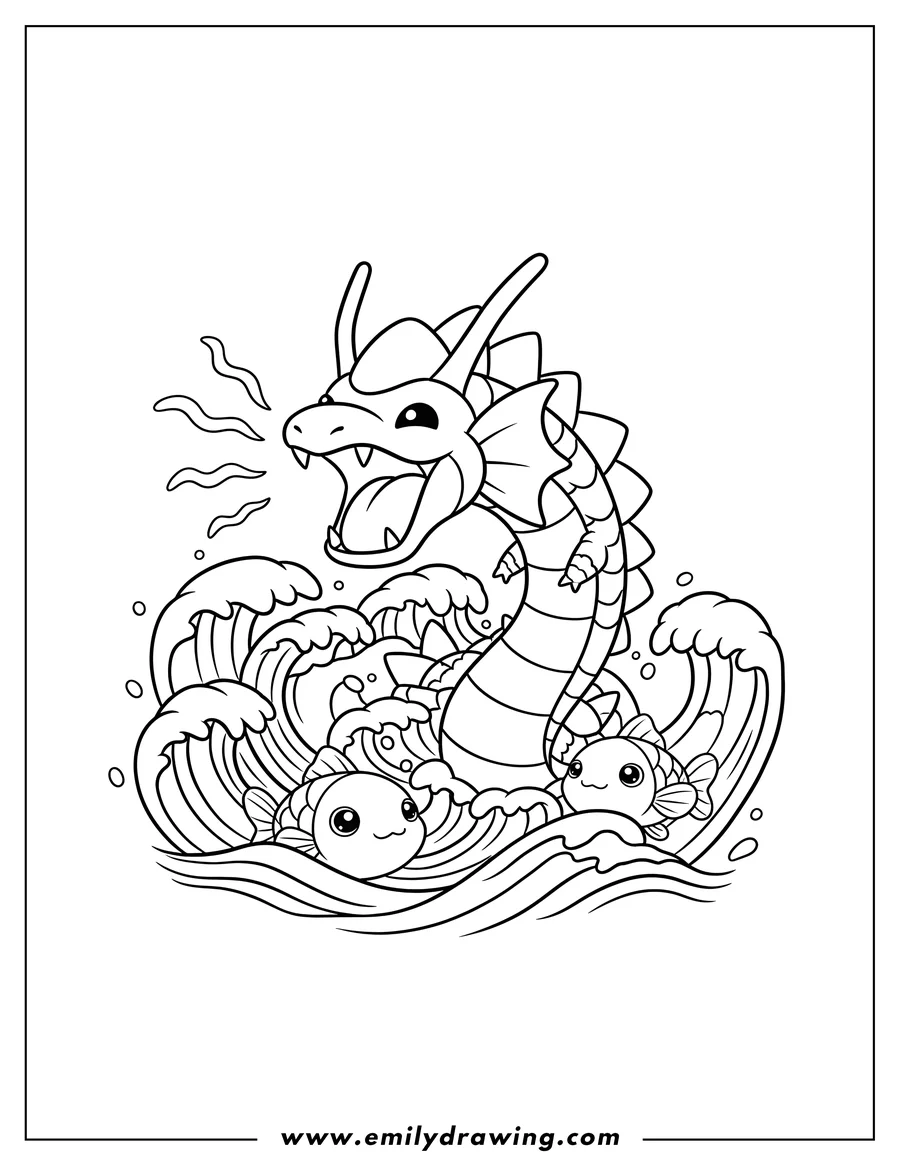 Vector style outline of kawaii Gyarados roaring in waves with two swimming Magikarp