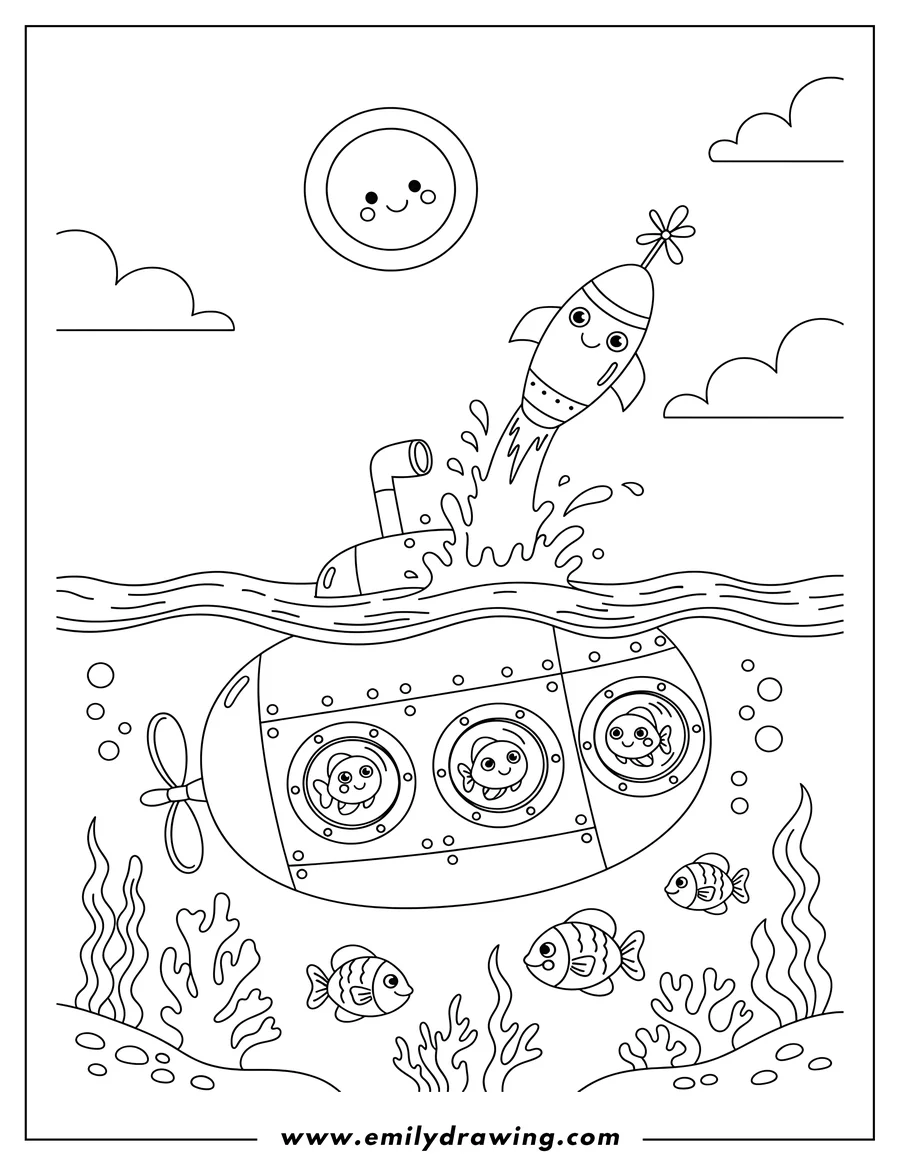 Clean line drawing: half-submerged submersible with a torpedo surfacing from waters