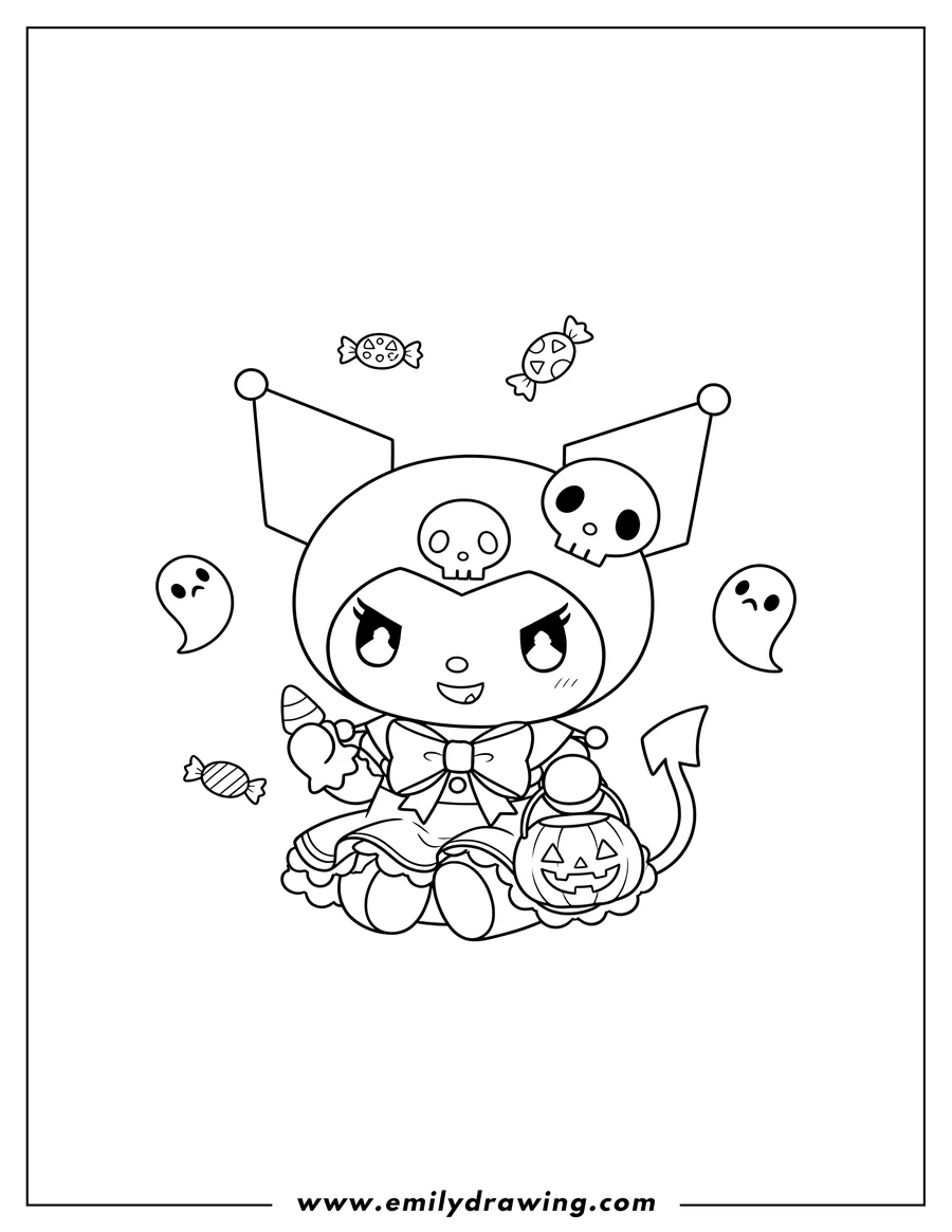 Coloring page for kids: kawaii Halloween Kuromi sitting, with skull on hat