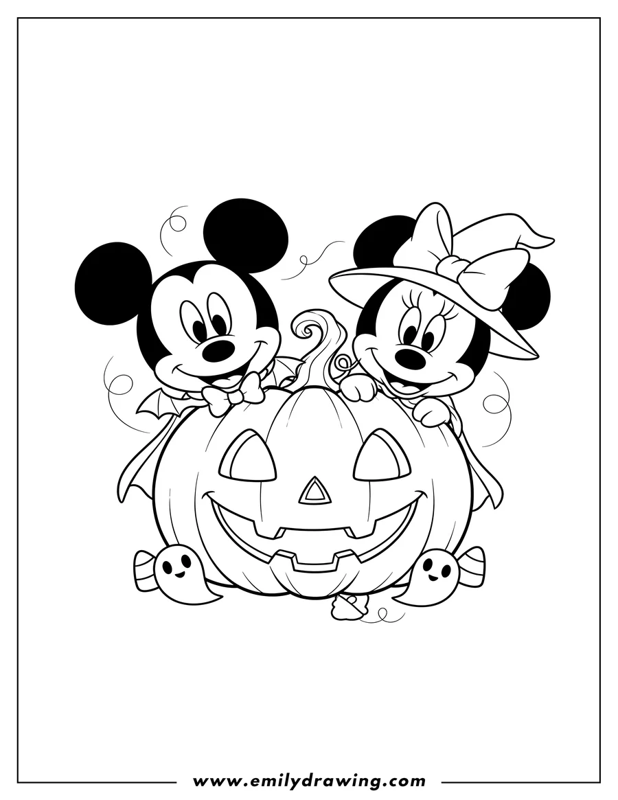 Full page coloring image of kawaii Halloween Mickey Mouse and Minnie Mouse, Minnie in a witch hat, peeking over a jack-o'-lantern