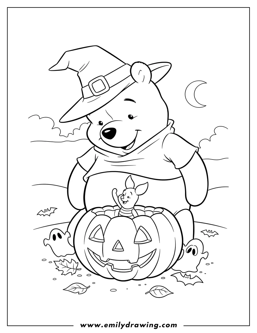 Clean line drawing: halloween Themed Winnie Pooh Scaled, looking down at Piglet inside a carved pumpkin