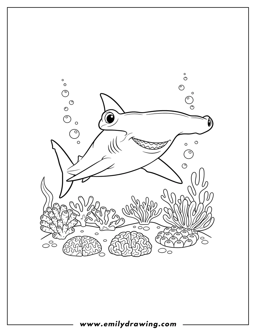 Full page coloring image of large Hammerhead Shark Swimming Near Coral Reef with Bubbles